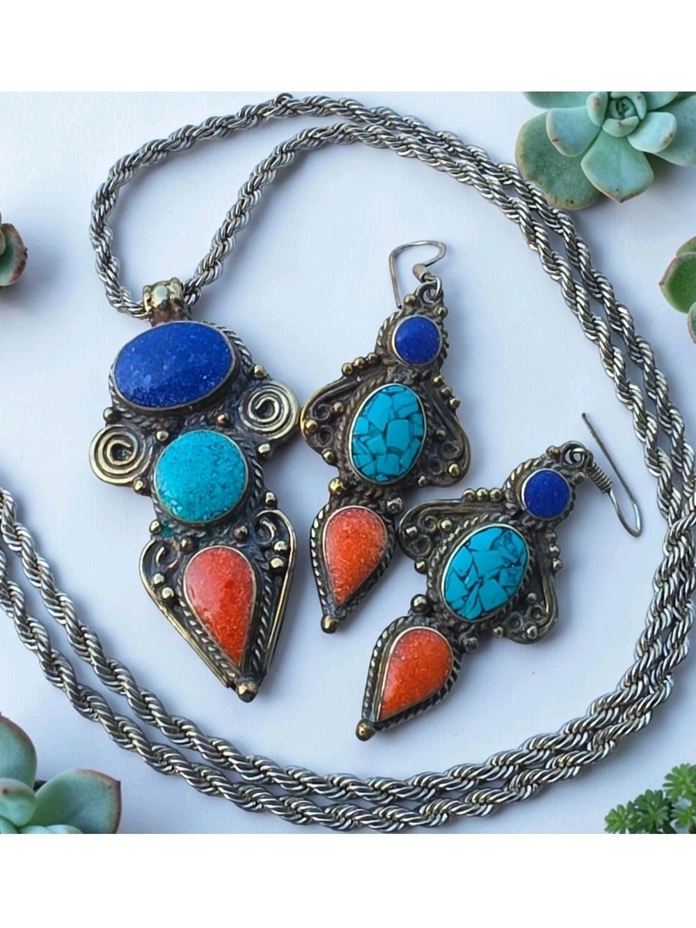 Vintage Tibetan Style Mosaic Inlay Necklace Earrings Set Turquoise Lapis Coral